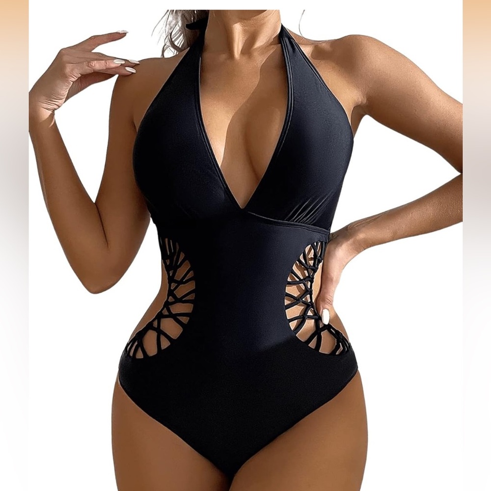NWT SweatyRocks Deep V Neck Cutout High Waisted Halter Monokini Black Size Large